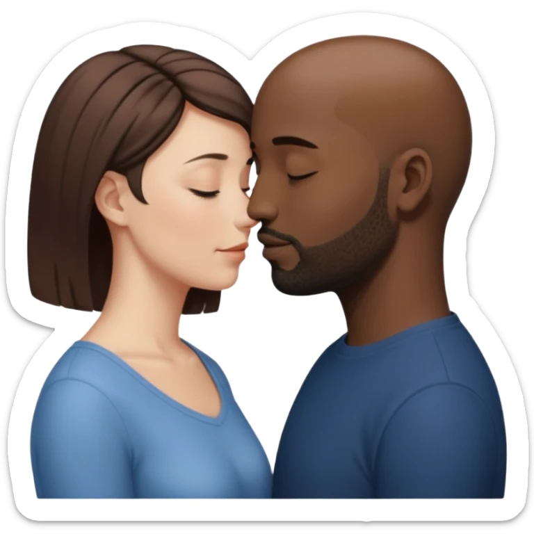 a white woman with short brown hair and a black man with no hair and a beard are facing one each other and their forehead are touching. They close their eyes and their are in love. The space between their nose is a bit larger sticker