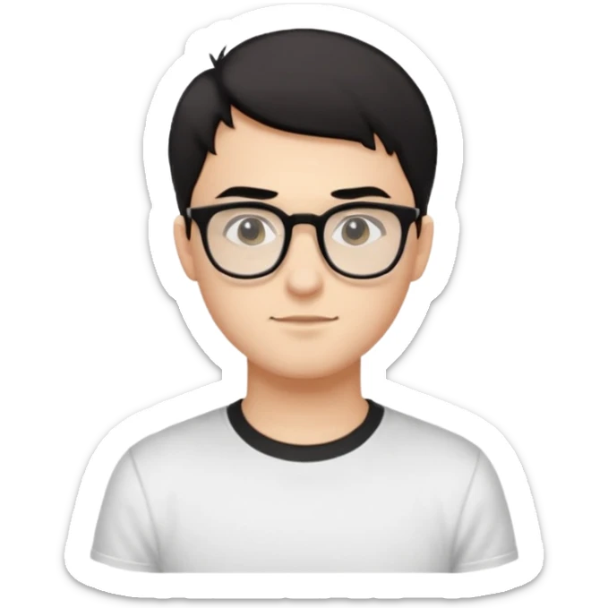 Style anchor + Young adult male American, light-medium skin, short black hair, white crew-neck tee, thin black-rim glasses, friendly neutral. sticker