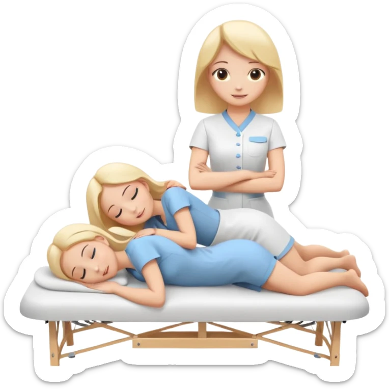 A cute emoji-style illustration of a girl lying on a massage table during a relaxing massage session, while another girl gently gives her a back massage. Soft colors, peaceful atmosphere, simple rounded emoji-like shapes, friendly and wholesome. sticker