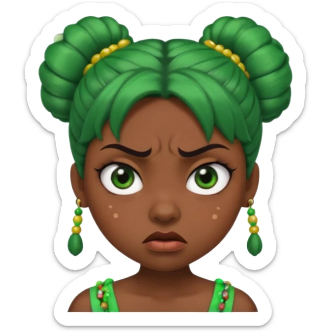 Create a 3D cartoon-style girl character with dark skin, round face, angry expression, big wide eyes, and tightly styled double buns made of green beaded hair. The girl should look irritated, eyebrows sharply angled, and lips pressed in a frown. sticker