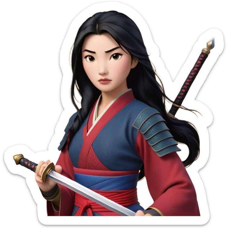 Cinematic Realistic Mulan Portrait, depicted with lifelike skin texture, soft natural lighting, and intricately detailed long black hair styled elegantly. Her deep, expressive eyes exude determination and grace, complemented by a serene yet confident expression. She stands with one hand resting on the hilt of her sword, the other by her side, exuding strength and poise. She is dressed in her classic attire, with rich fabric textures and delicate folds that catch the light beautifully. The portrait features a soft, enchanting glow with a natural, radiant finish, capturing the essence of timeless strength and beauty in a realistic and painterly style, evoking a sense of depth and authenticity. sticker