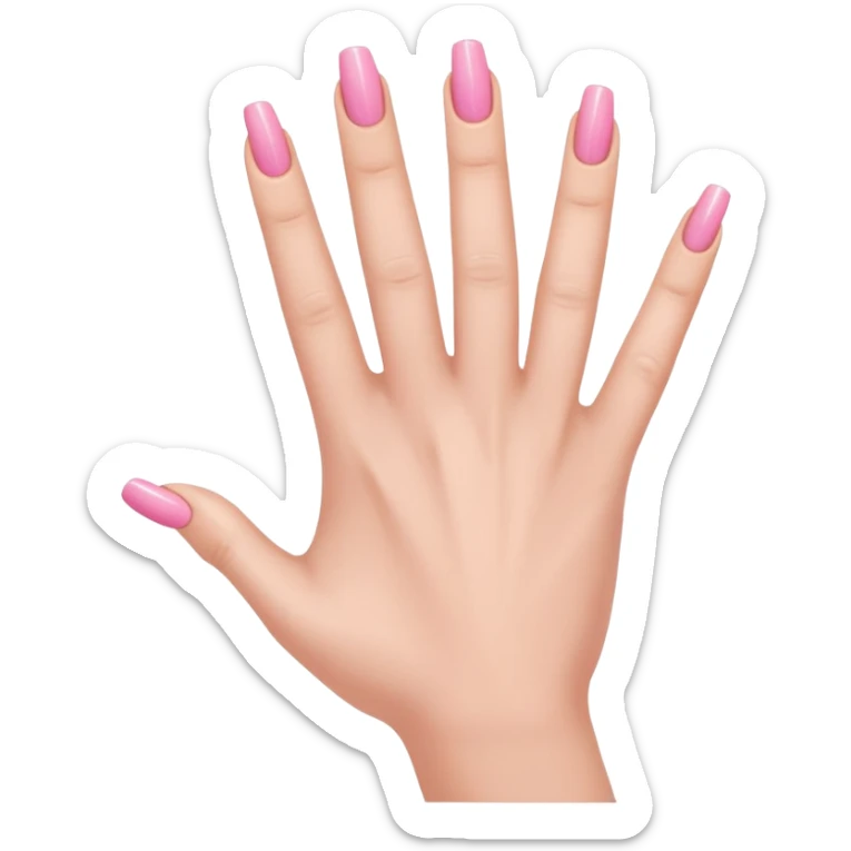  pink  close-up of a human hand with exactly five fingers, beautifully manicured nails, glossy pink nail polish, elegant nail shape, soft lighting, realistic style, isolated on transparent background" sticker