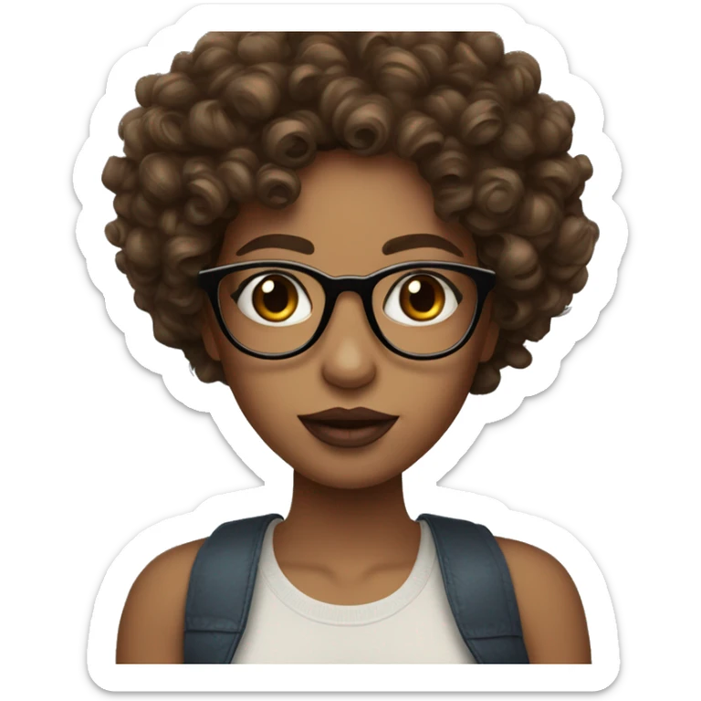 Curly brown hair, very long lashes and  big lips with lipgloss and glasses sticker