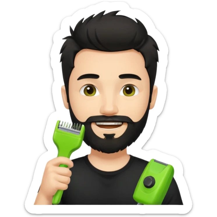 young handsome fair-skinned man with messy black hair and beard, smiling, wearing a black t-shirt, holding a single small true-to-size lime green face beard trimmer in one hand sticker