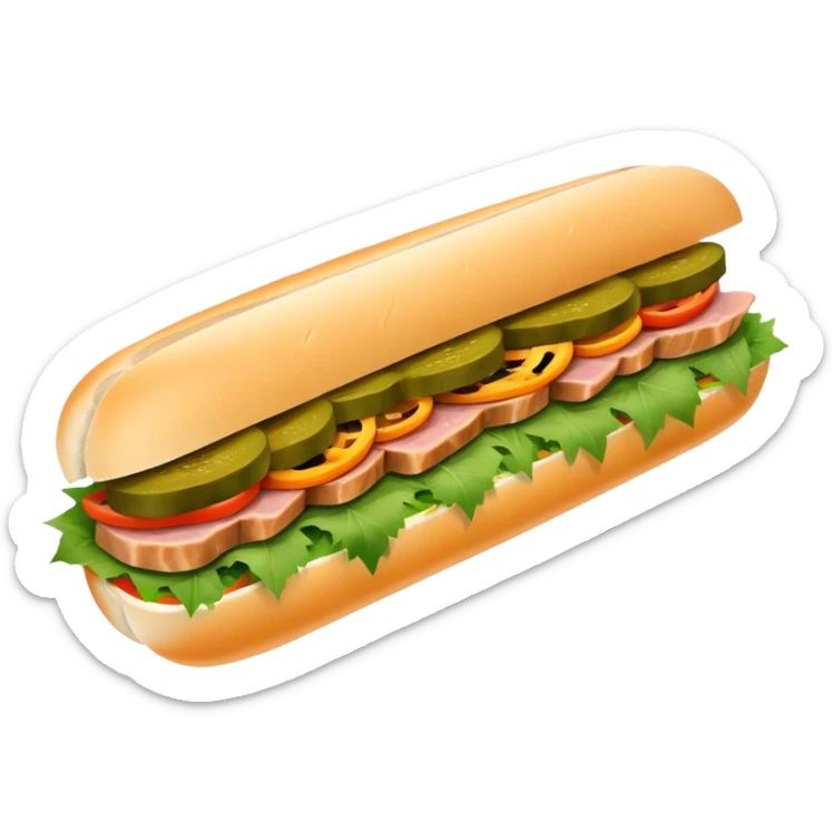 Cinematic Realistic B√°nh m√¨ Sandwich Dish Emoji, showcasing a crusty baguette filled with savory meats, pickles, and fresh herbs rendered with dynamic detail and appetizing lighting. sticker