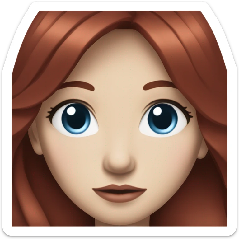 woman with pale skin, blue eyes and long dark red hair with layers and bangs, wearing a white top and silver jewellery sticker