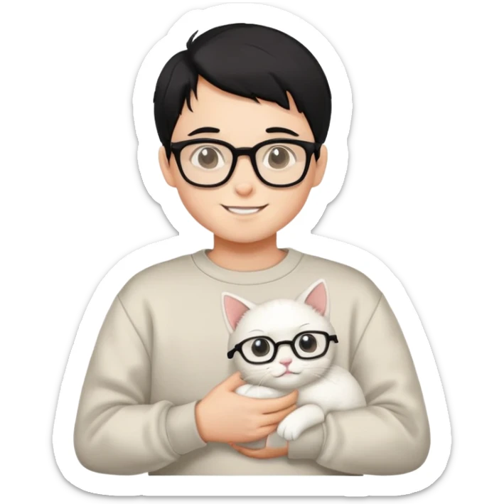 A happy boy wearing a sweatshirt, black hair and glasses holding a white cat sticker