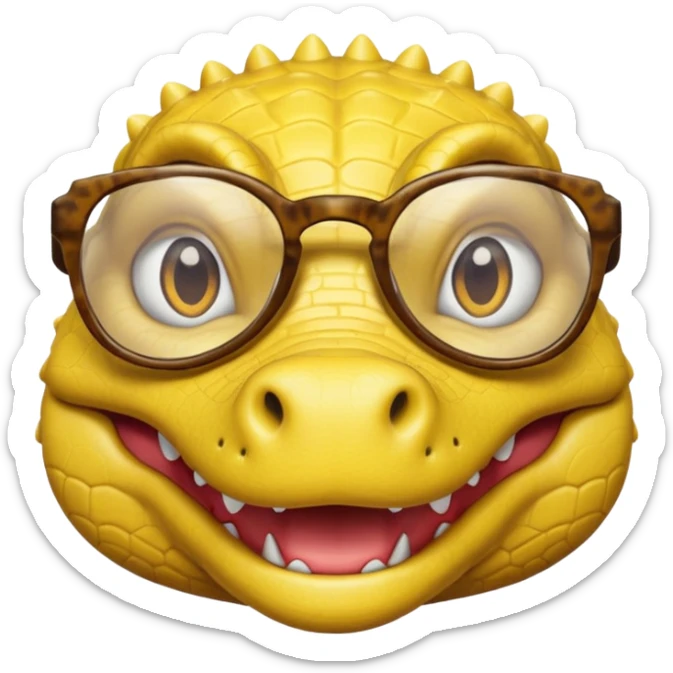 Cocodrilo feliz con boca cerrada mirando de frente que tengan lentes y sea color amarillo con fondo blanco sticker
