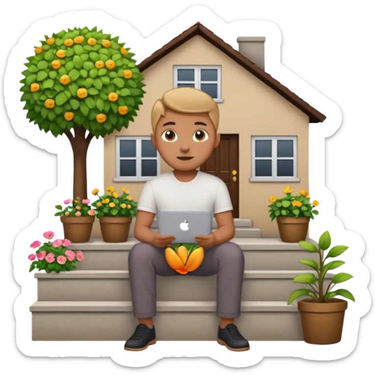 a home which has garden like and the home has slack emoji, where on the house steps, a blob chratcter holding black mac should sit and should look like wiork sticker