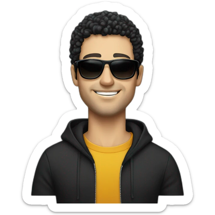 Caucasian man, no smile, with black curly hair and slight beard wearing black hoodie and sunglasses  sticker