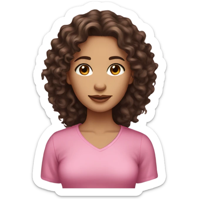 Beautiful light skin woman, dark brown long curly hair,brown eyes, pink shirt sticker