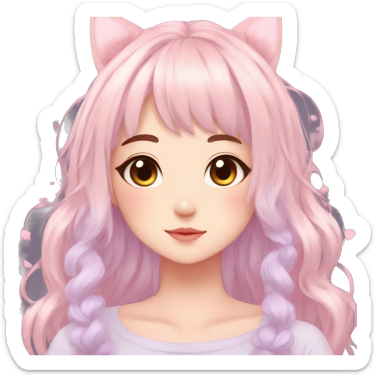 Gorgeous pastel anime girl with blushing face and hair garnitures and pretty hair and cat ears aesthetic trending style sticker