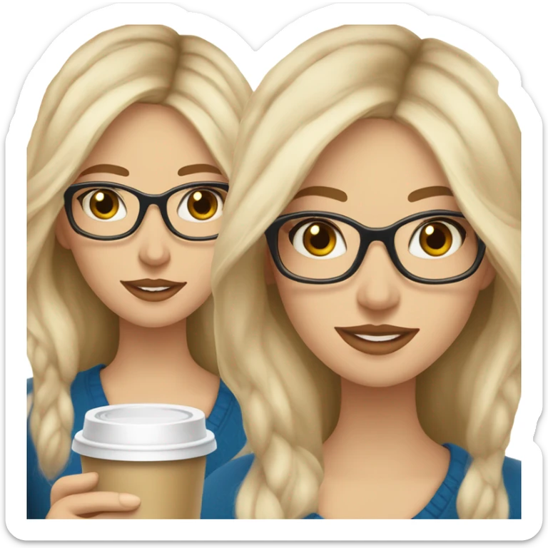 Blonde balayage long hair white women beige sweater blue eyes and small glasses holding coffee sticker