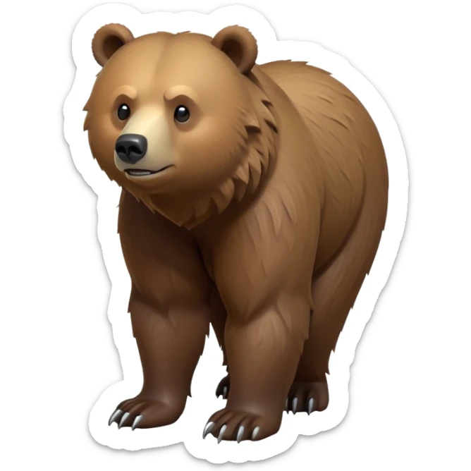 cinematic-[grizzly bear]-realistic-full-body-standing on all fours-emoji,-tail-tucked-close,-head-tilted-dramatically,-thick-[brown]-fur,-simplified-yet-realistic-focused-features,-highly-detailed,-glowing-with-an-almost-sarcastic-glow sticker