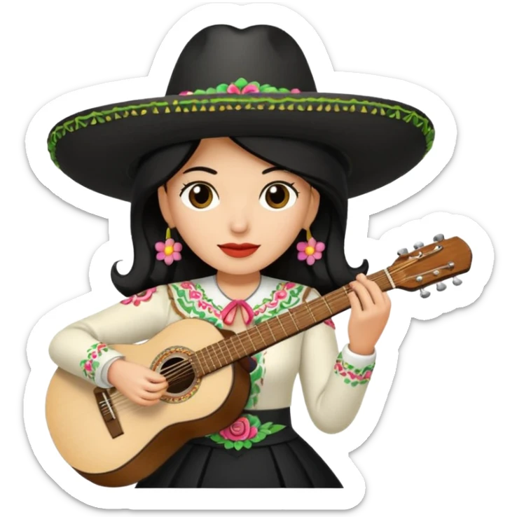 Mujer blanca con cabello negro teniendo un sombrero de mariachi sosteniendo una guitarra sticker