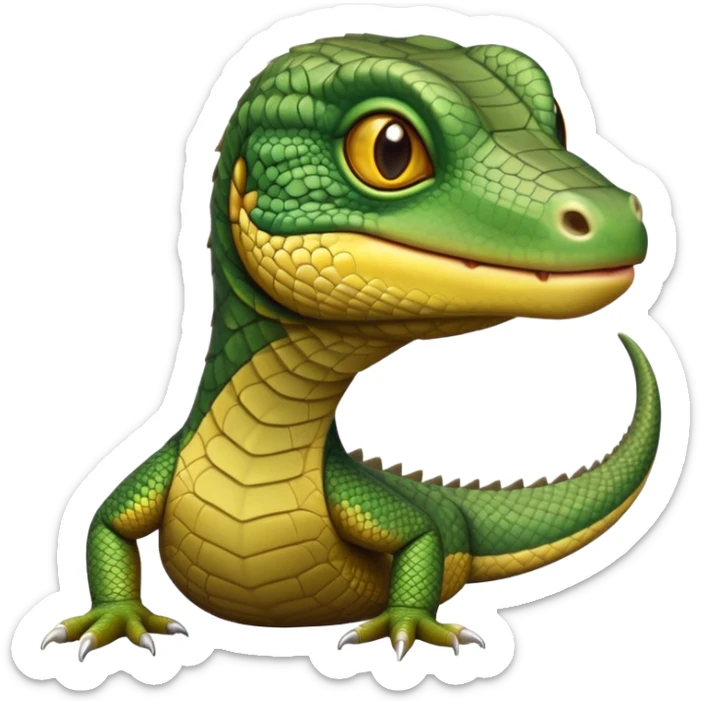 cinematic-realistic-cute-monitor-lizard-portrait-emoji,-head-tilted-playfully-and-inquisitively,-featuring-a-compact,-agile-body-with-finely-detailed,-glossy-scales-in-earthy-olive-hues-and-a-distinct,-alert-face-with-bright,-curious-eyes, yellow and dark green scales sticker