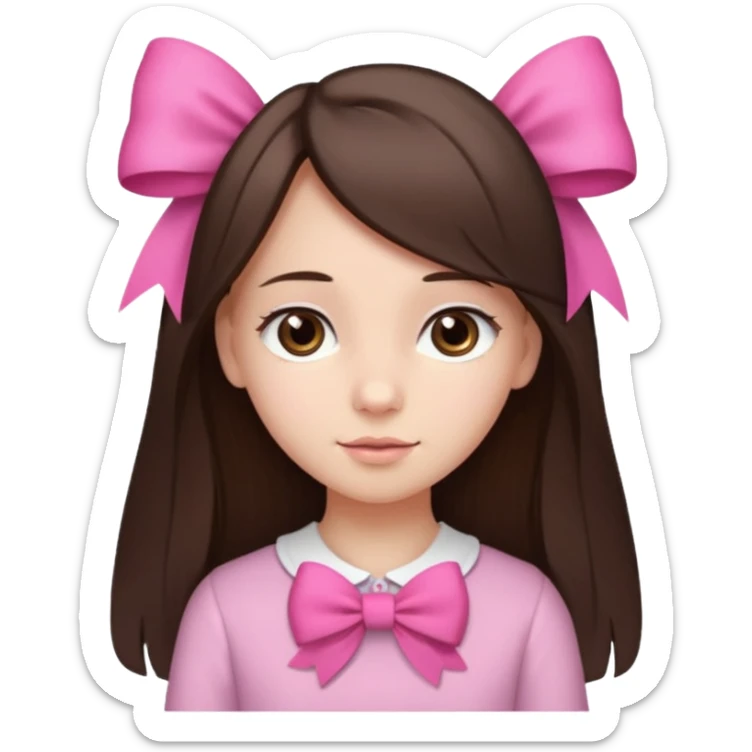 cute girl with dark long straight brown hair with pink bow in hair on te side sticker