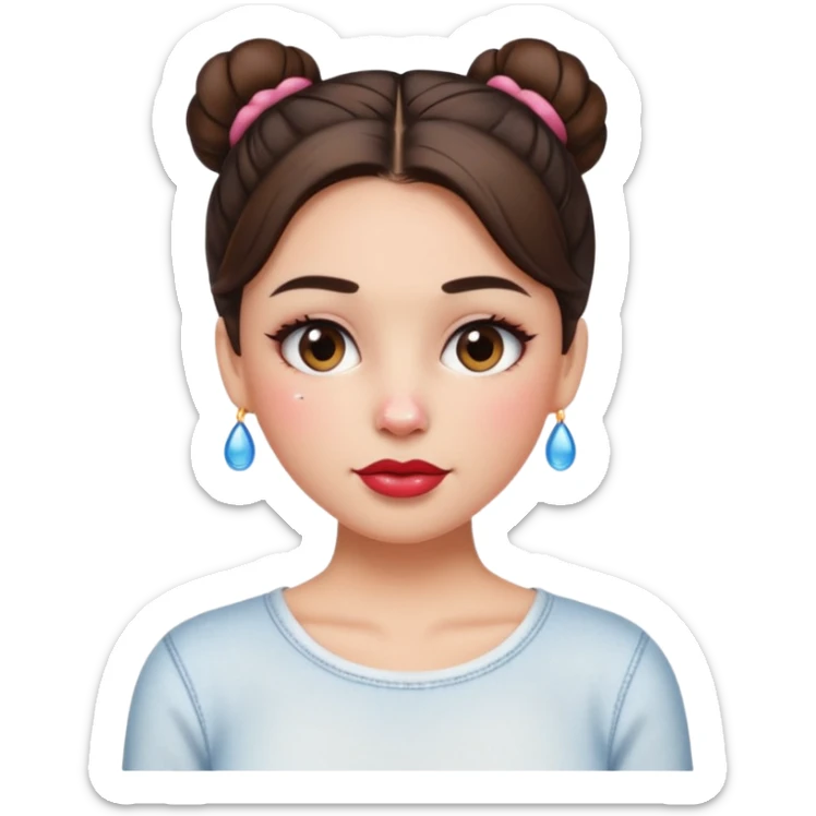 “Emoji brunette girl hair in bun white top, dewy skin, heavy blush across cheeks and nose bridge, glossy cherry lips, soft eyeliner, teary sparkling eyes like hanni from new jeans sticker