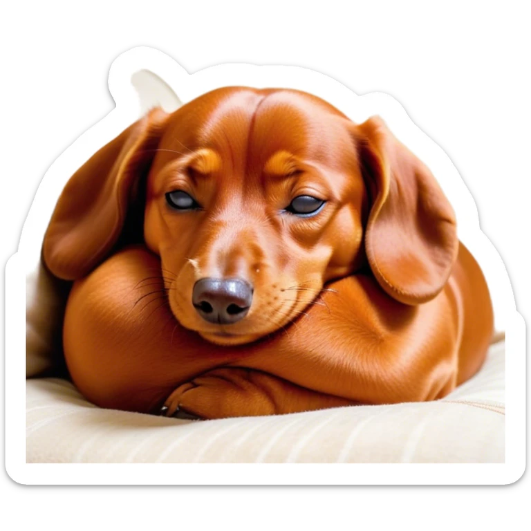 Cinematic Meme-Worthy Chubby Sleeping Red Dachshund Portrait Emoji, Head resting peacefully with a contented smile, showcasing a delightfully chubby, elongated build and a luxuriously soft red coat, eyes shut in a serene nap, Simplified yet hilariously adorable features, highly detailed, glowing with a soft, drowsy light, high shine, relaxed and utterly lovable, stylized with an air of playful laziness, bright and heartwarming, soft glowing outline, capturing the essence of a comically sleepy companion, so meme-worthy it feels like it could instantly become the next viral sensation of adorable slumber! sticker
