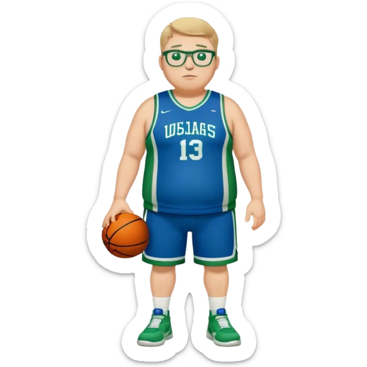 full body chubby tall white male basketball wearing glasses in blue an green uniform sticker