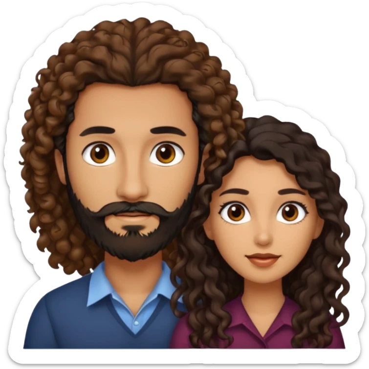 pareja de Mujer morena rizada cabello largo castaño ojos oscuros y hombre piel clara cabello negro con barba  y ojos marron sticker