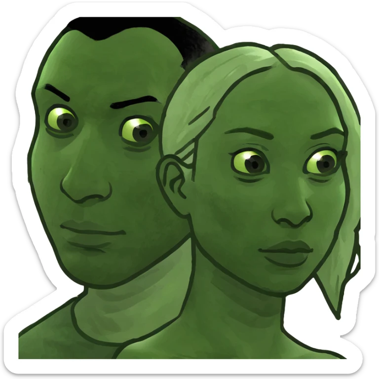 white woman with blue eyes and blonde curly hair standing next to a black man with brown eyes and short black curly hair sticker