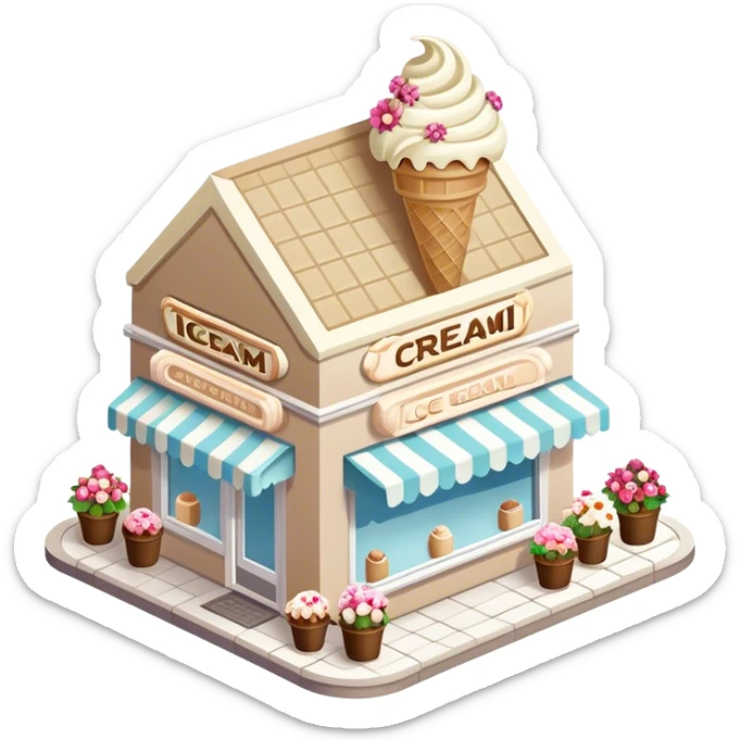 isometric exterior view of a beige and white ice cream shop adorned with abundant florals sticker