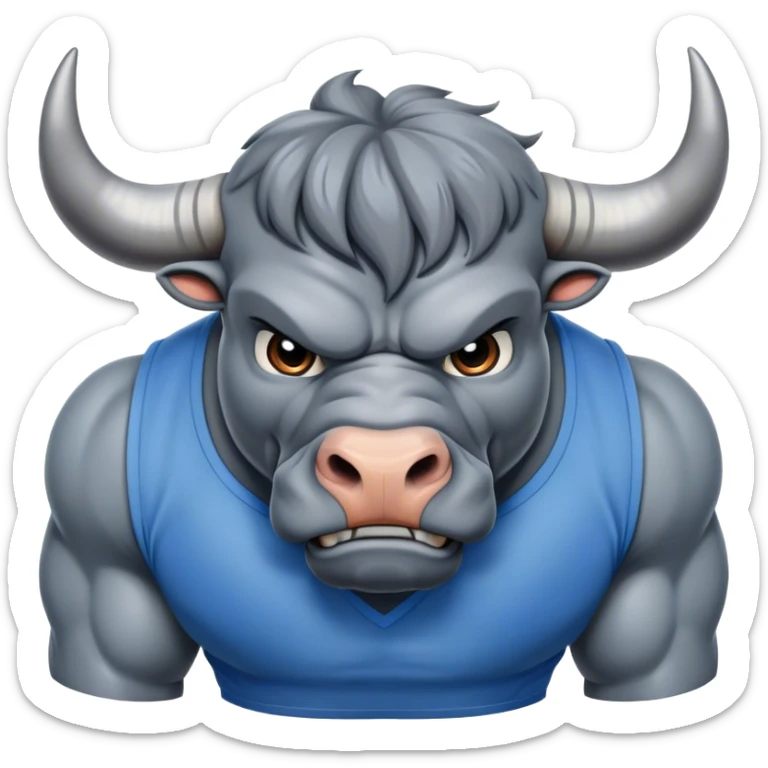 Toro que se vea agresivo a representar a una empresa que funde metales que lleve puesto una camiseta  azul y ploma sticker