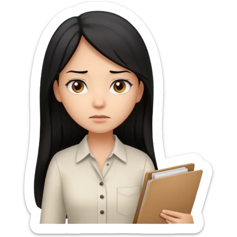 a light tan woman with long black hair past mid-back, round brown eyes, white button up v shirt, and manila folder in her hands. sticker