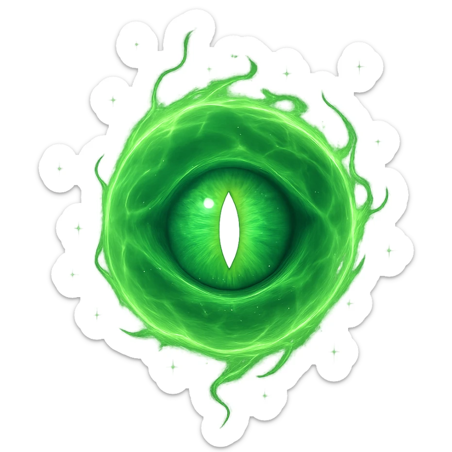 a glowing green energy orb with a prominent eye in the center, magical and mysterious sticker