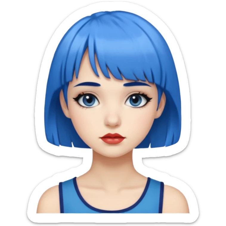 girl with blue hair and short bangs having blue eyeshadow black big eyelashes and natural lips sticker