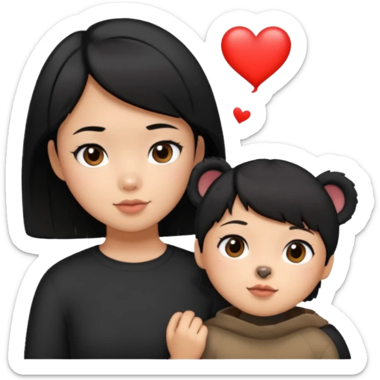 An elegant bear in love with a sexy Asian girl with short hair wearing black sticker