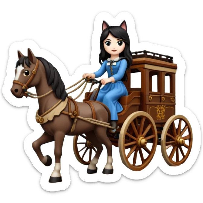  Rustic Lego antique wood detailed 1854 pretty dark-haired Catgirl driving a huge horse-drawn stagecoach Caravan on a bumpy scary ghost trail in the woods  sticker