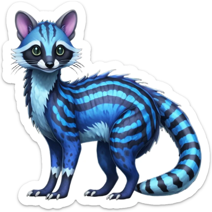 Feral Rare Fantasy iridescent scaly evil spooky vibrant dark shady shaded detailed deep-dark-cobalt-blue-gradients-colored colorful Vernid-Sergal-Genet-Trico-Civet-species by LiLaiRa, with dark-blackish points, white belly, random markings, tufted tail, tufted ears, full body sticker