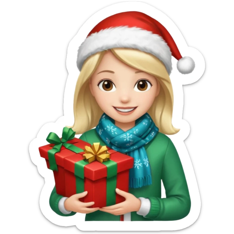 a girl wearing a chirstmas jacket and scarf and holding a christmas gift sticker