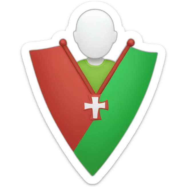 person holding a flag with a red triangle on the left and a green little cross in the middle the background is white. sticker