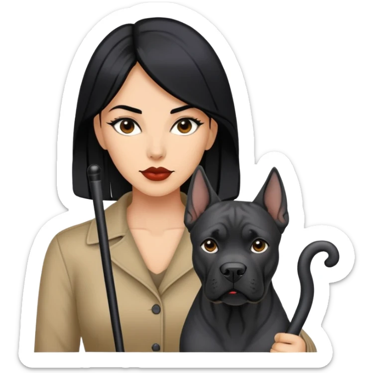 Stylish woman with long black hair and a black Cane Corso dog with cropped ears sticker