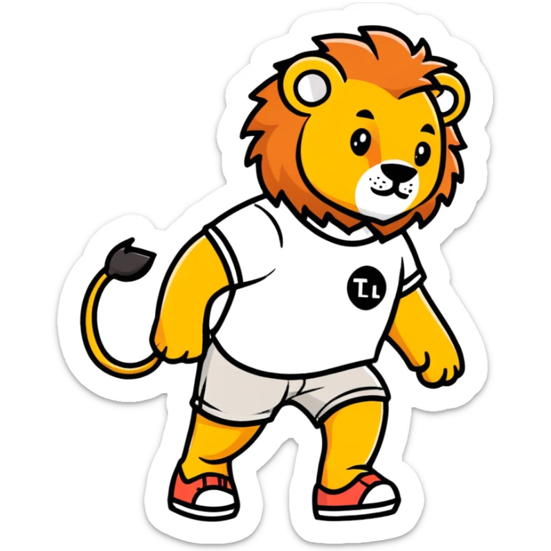 retro 1930s anthropomorphised lion in a t-shirt and shorts walking, black and white sticker