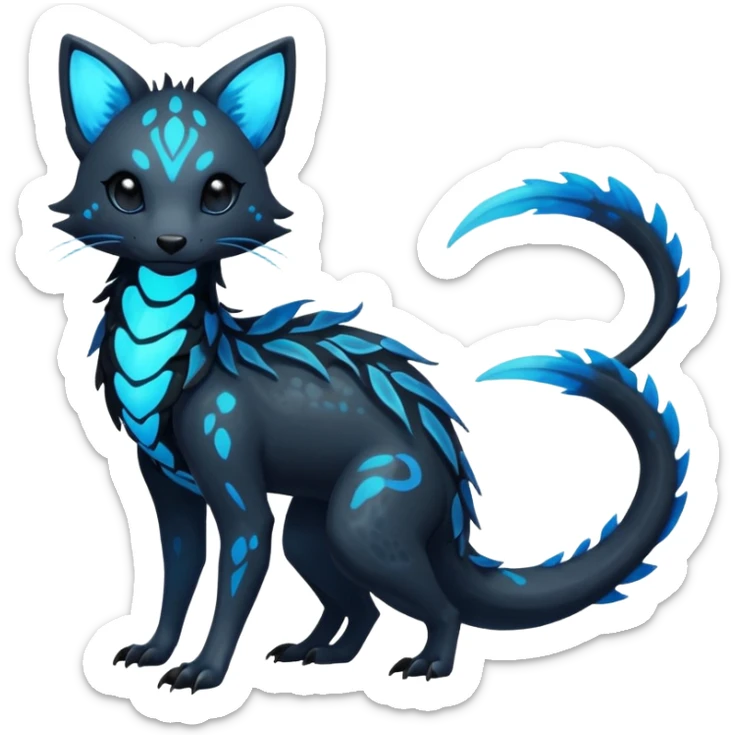 Rare realistic dark black with glowing blue bioluminescent edgy badass epic pretty beautiful handsome gorgeous aesthetic colorful vibrant Vernid-Trico-species-Fakemon-creature by LiLaiRa, 4 legs, 1 tail, random markings, (full body) sticker