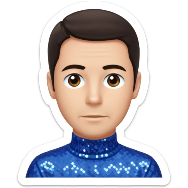 Anthony Field from The Wiggles with dark brown hair, blue sequin skivvy shirt, fair skin sticker