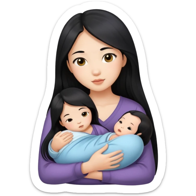 Beautiful Asian girl with long black hair holding newborn sticker