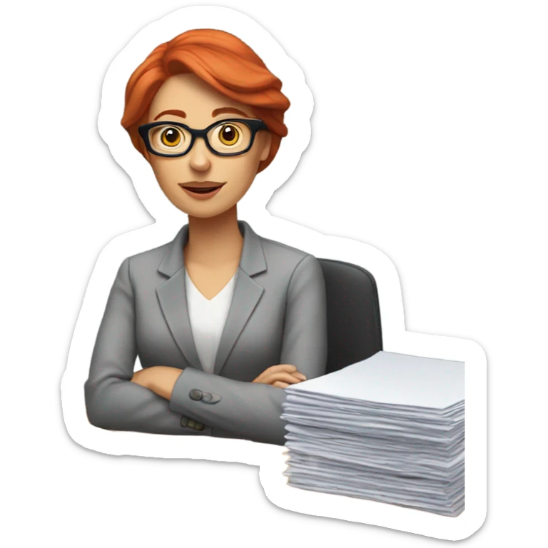 red hair woman wearing glasses desk monitor stack paper sticker