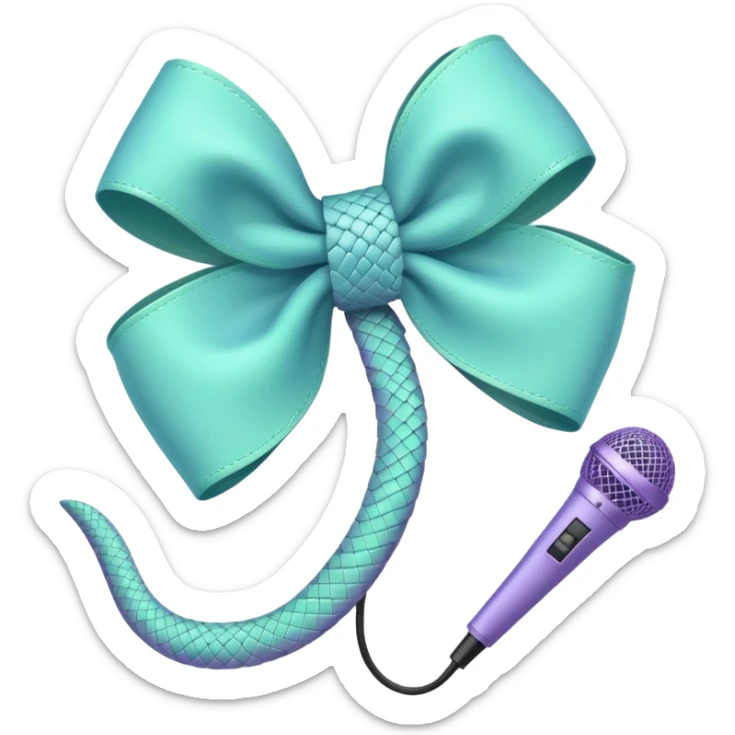 A pastel blue bow with a pastel a pastel green snake at the top of one side and a pastel purple microphone on the bottom of the other side of the bow sticker