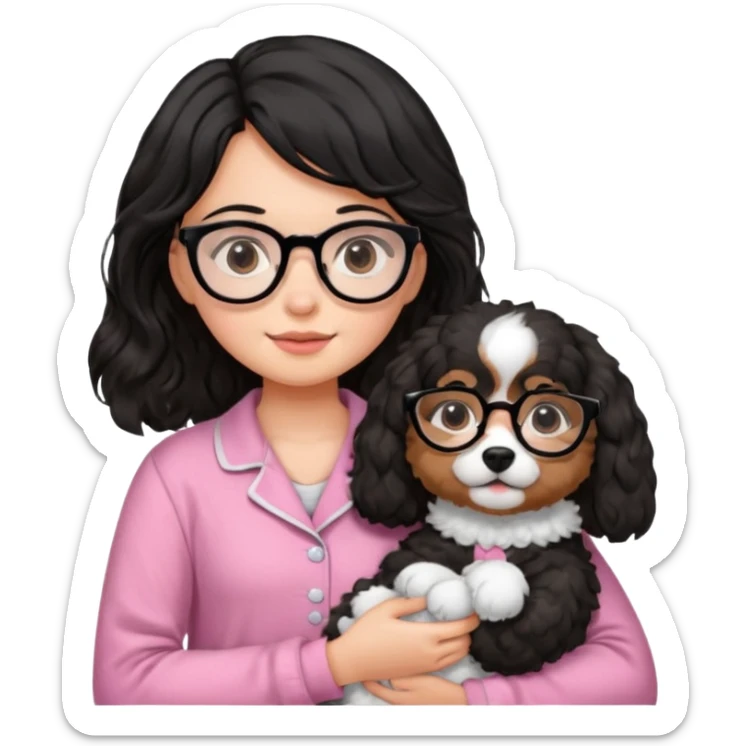 soft wavy black haired girl wearing black framed glasses in a pink pjs while holding her fluffy dog sticker