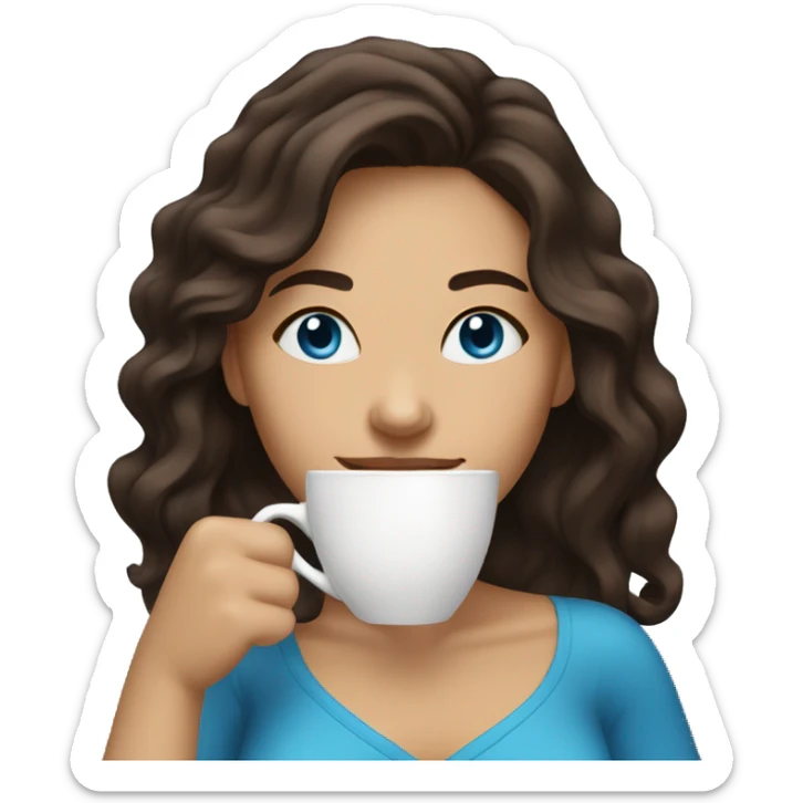 smiling woman with dark brown shoulder length wavy hair and blue eyes drinking coffee sticker