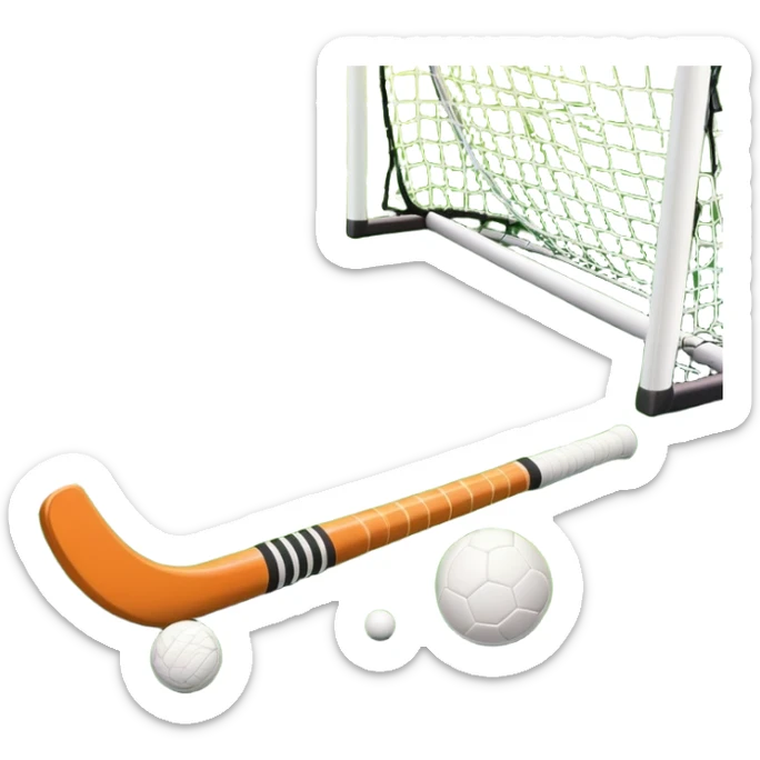 A field hockey stick and ball resting on a well-maintained green grass field, with the goalposts and markings visible in the background. The scene highlights the precision and focus of the sport, with the vibrant green pitch creating a dynamic atmosphere. sticker