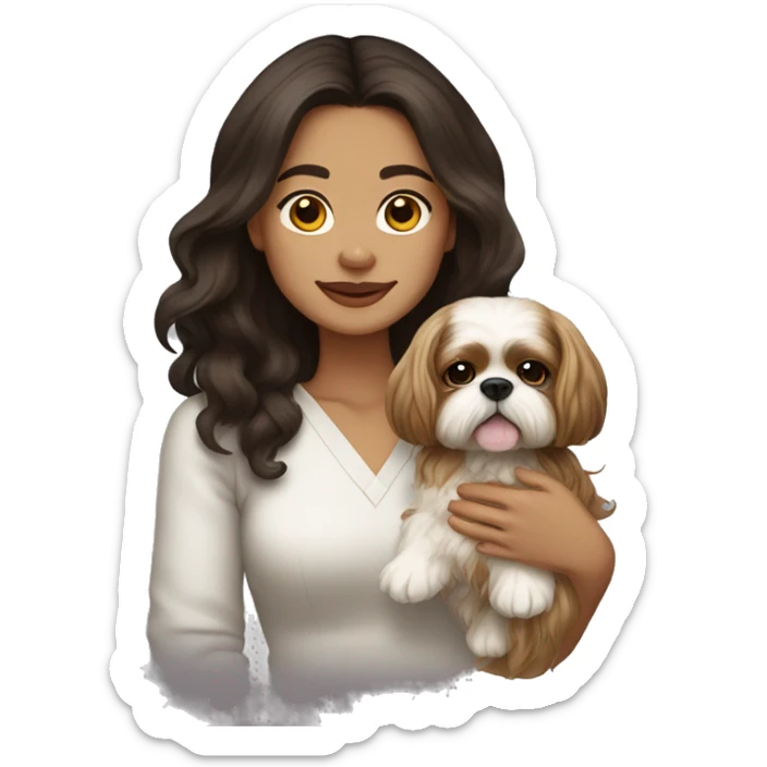 Young dark brunette medium kin hair woman with a golden shih tzu in her arms long wavy hair sticker