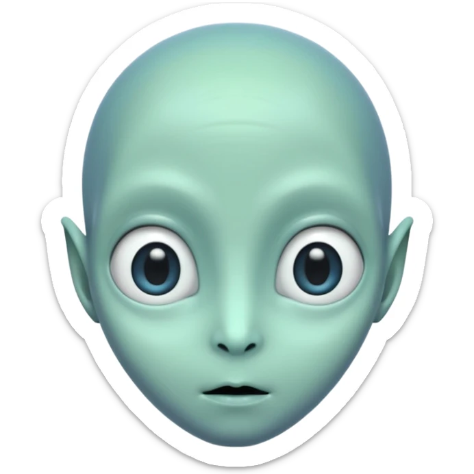 Portrait of an alien with smooth greenish-blue skin, large black oval eyes, small nose, and no visible ears, elongated head, front-facing, calm expression, soft glow, simple futuristic design sticker