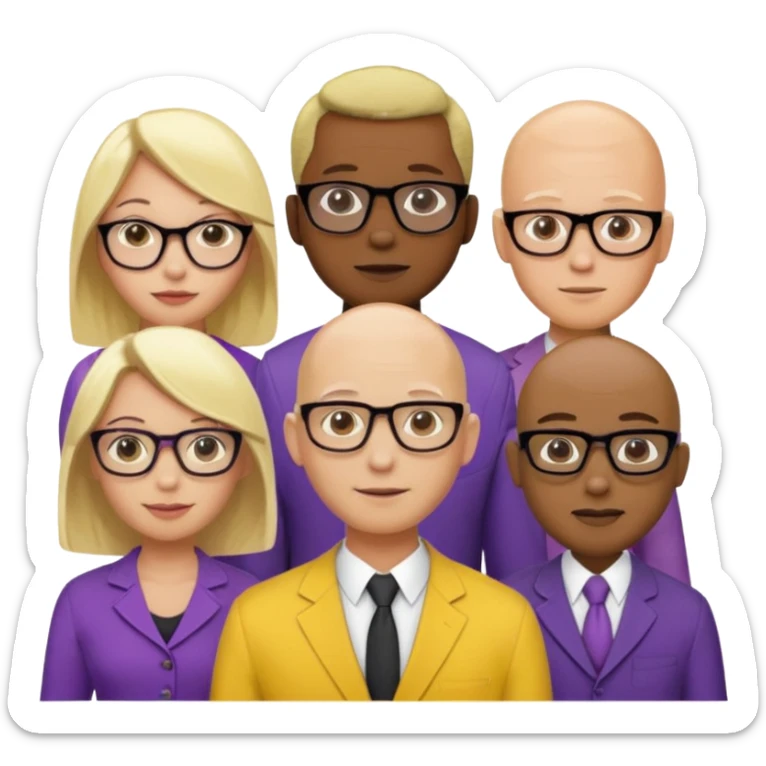 FIVE person team; 2 men and 3 women.  All dressed in yellow or purple.  Women have blonde and ash blonde hair.  1 man is black and bald, 1 man is caucasian and very little hair left.  All have glasses sticker