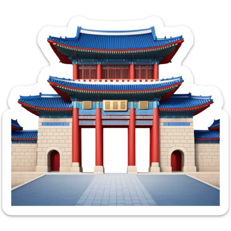 ​Cinematic Realistic Gwanghwamun Gate, depicted as a majestic historic gateway with traditional Korean architectural details, vibrant red and blue accents, and intricate carvings, set against a backdrop of modern Seoul under dynamic, natural lighting that highlights its timeless grandeur, sticker
